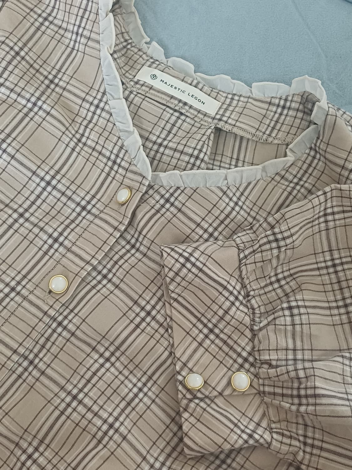 일본 빈티지 반팔 백 리본 체크 블라우스 상품이미지2