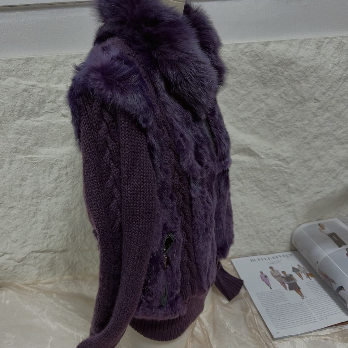 빈티지 다크 퍼플 폭스퍼 카라 토끼털 꽈배기 니트자켓 가디건 상품이미지5