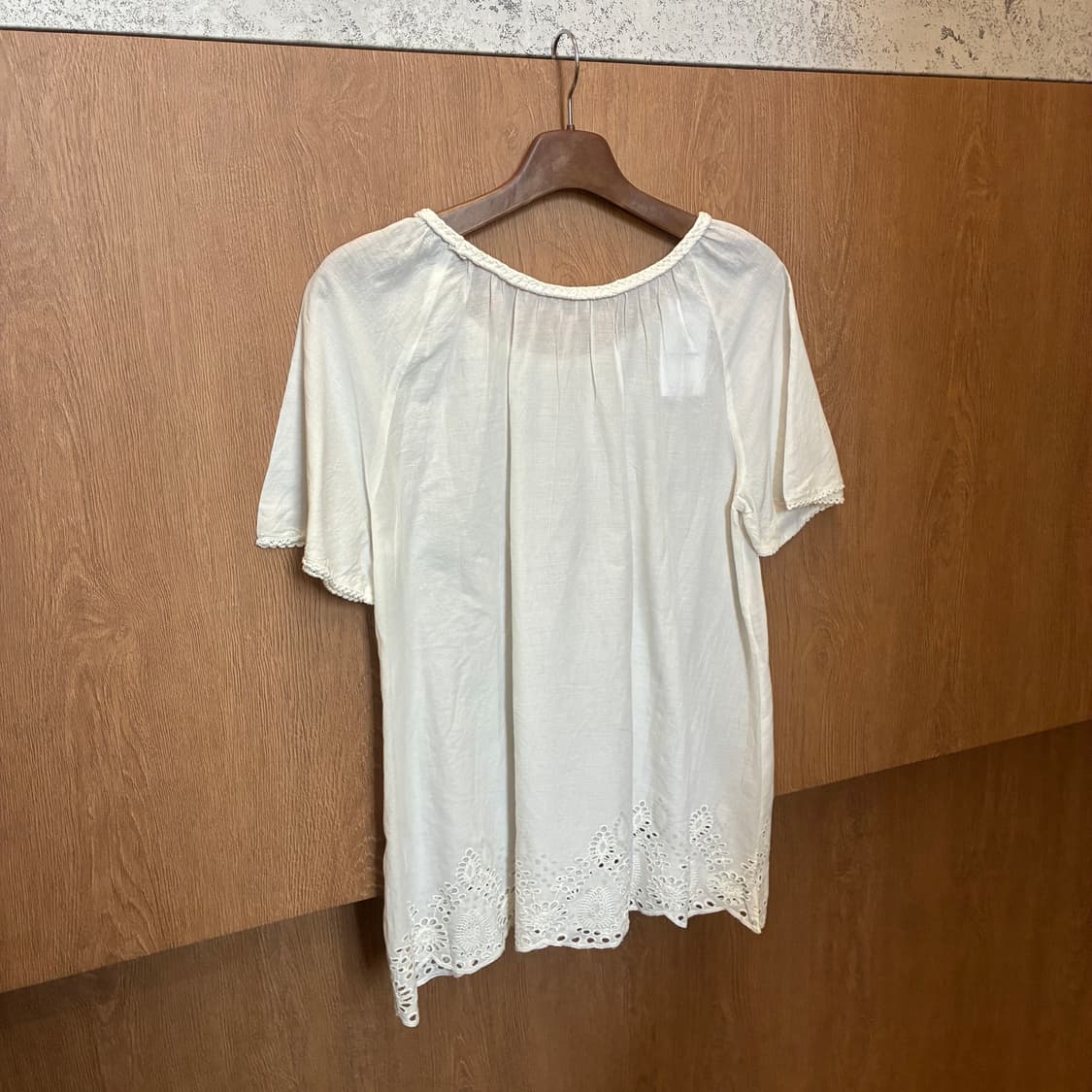빈티지 반팔 블라우스 펀칭 레이스 라운드넥 루즈핏 아이보리 k65 상품이미지2