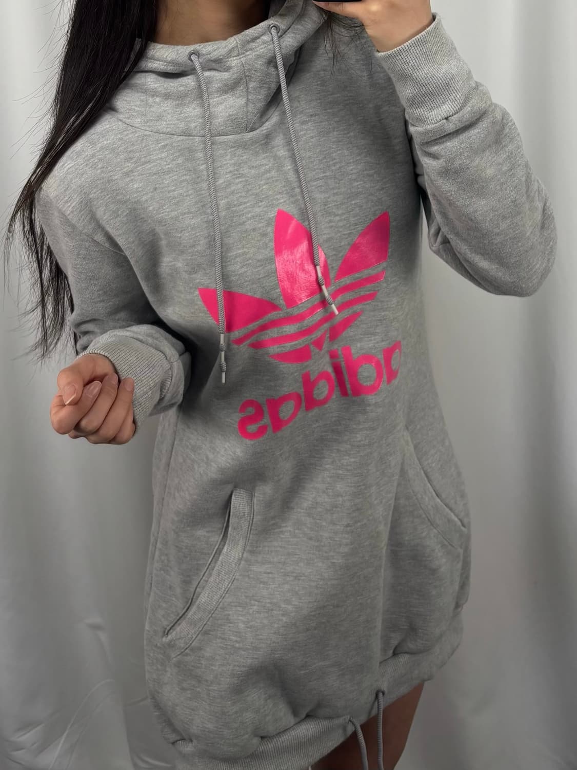 아디다스 핑크 빅로고 그레이 롱 후드티 상품이미지3