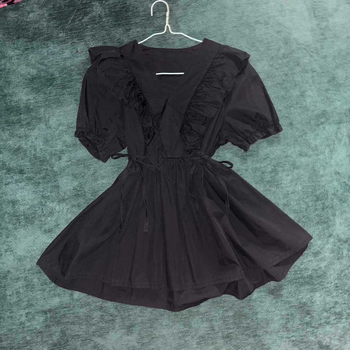 블랙 프릴 리본 미니 탑 블라우스 원피스 상품이미지1