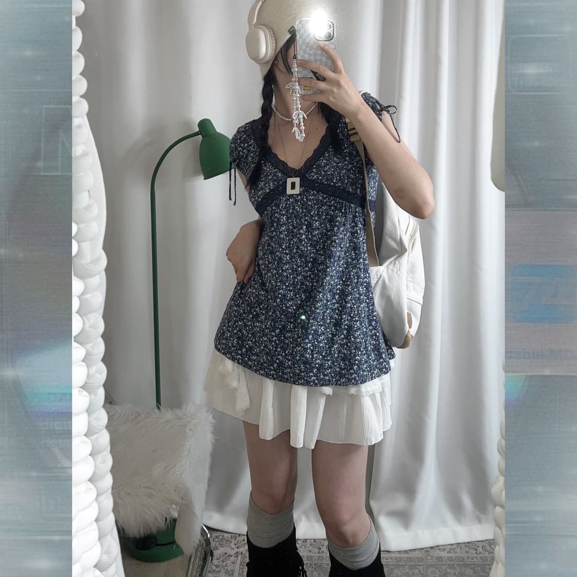 네이비 플라워 패턴 레이스 반팔 블라우스 상품이미지6