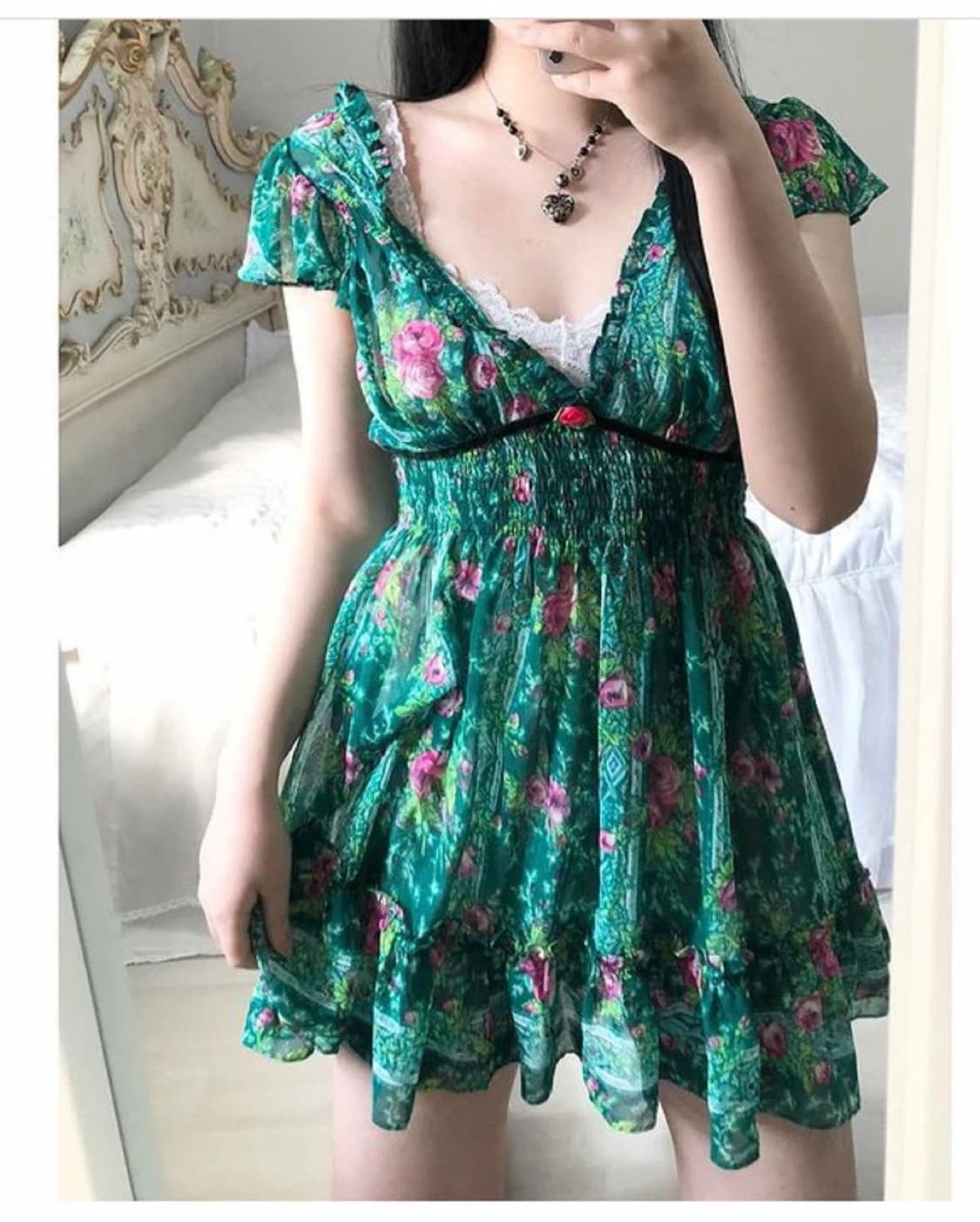 스완빈티지 그린 로즈 쉬폰 원피스 상품이미지1