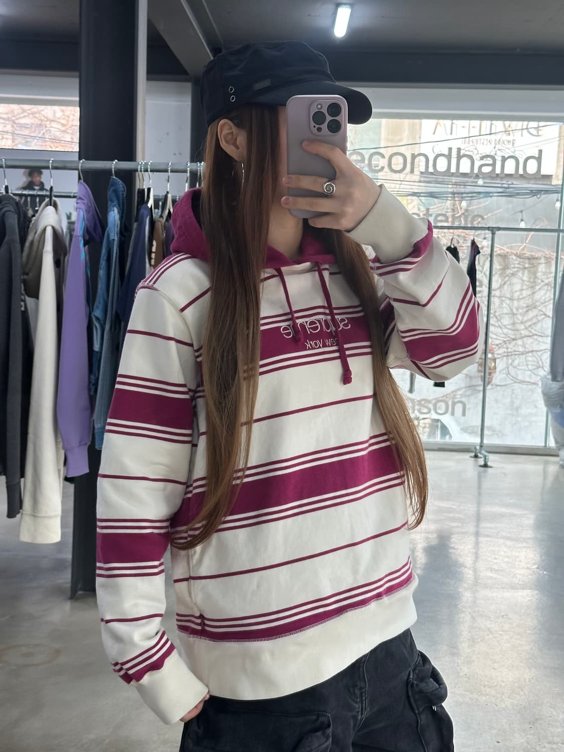 슈프림 16FW 스트라이프 후디드 크루넥 마젠타 상품이미지2