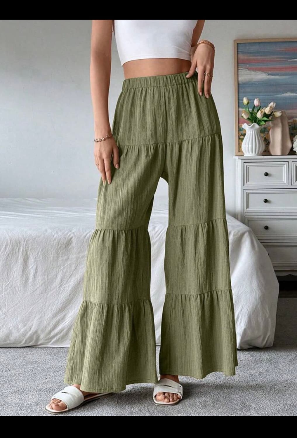 boho 보헤미안 카키 밴딩 롱 와이드 팬츠 프리 상품이미지3