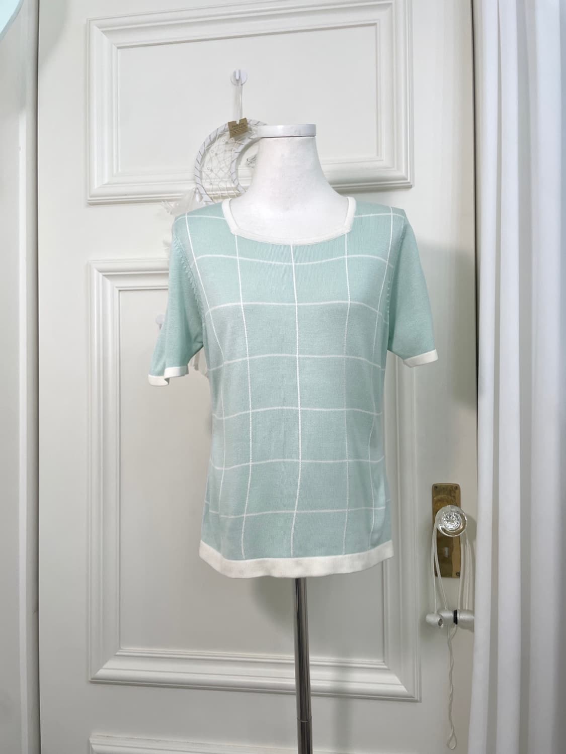mint white check hlaf knit top(size-L) 상품이미지1
