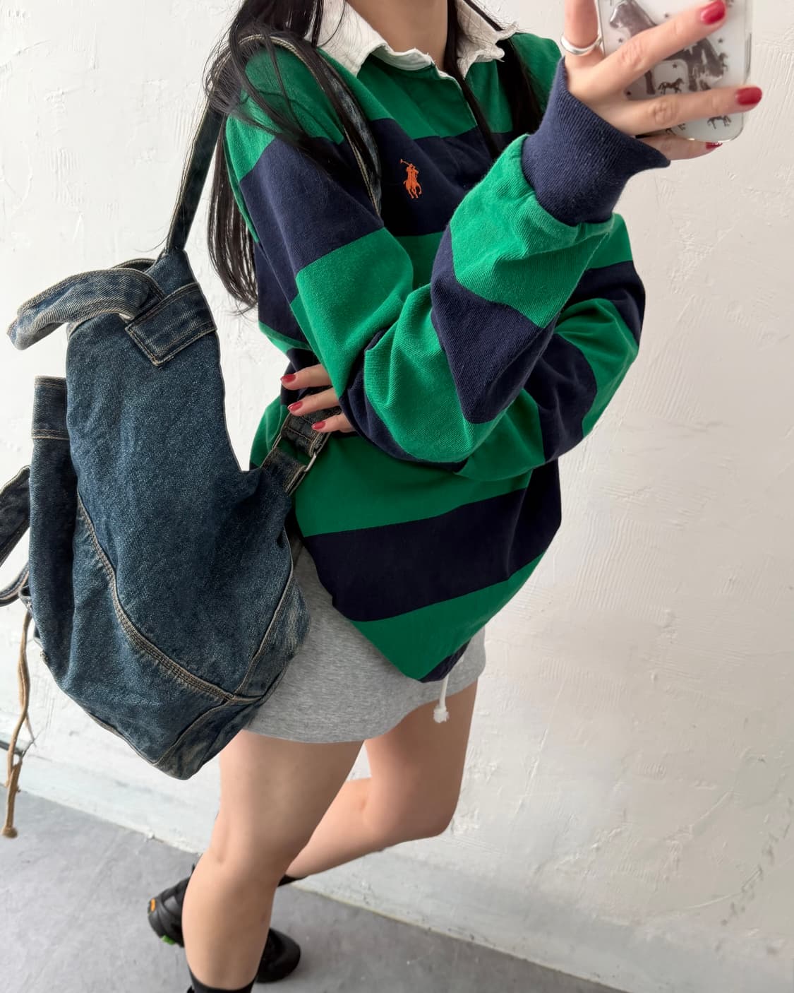 Polo 폴로 랄프로렌 QR라벨 오렌지포니 그린/네이비 단가라 럭비 셔츠 상품이미지2