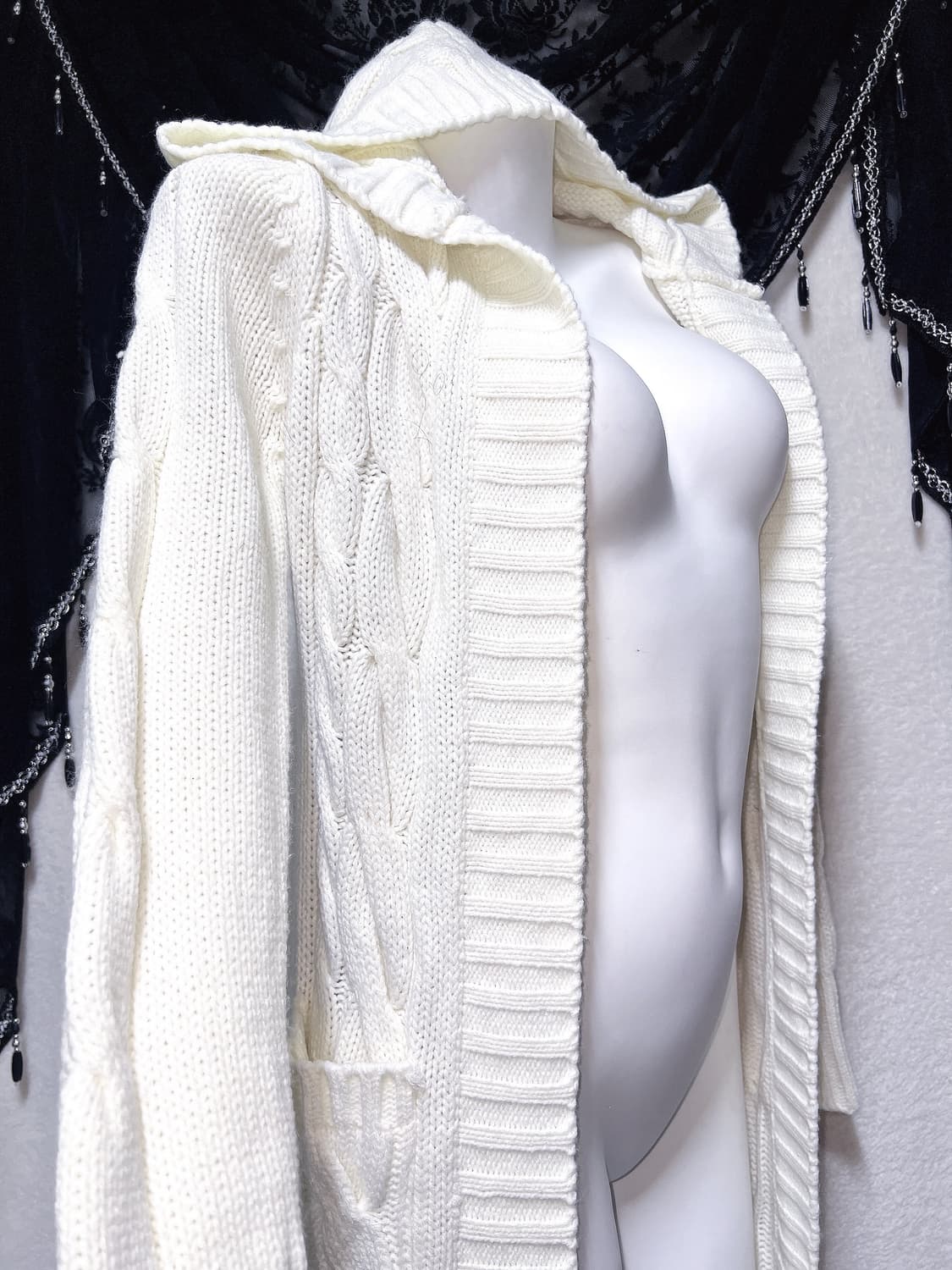 화이트 니트 꽈배기 후드 롱가디건 달천 로맨틱갸루 로걀 윈터페어리 핀터 상품이미지5