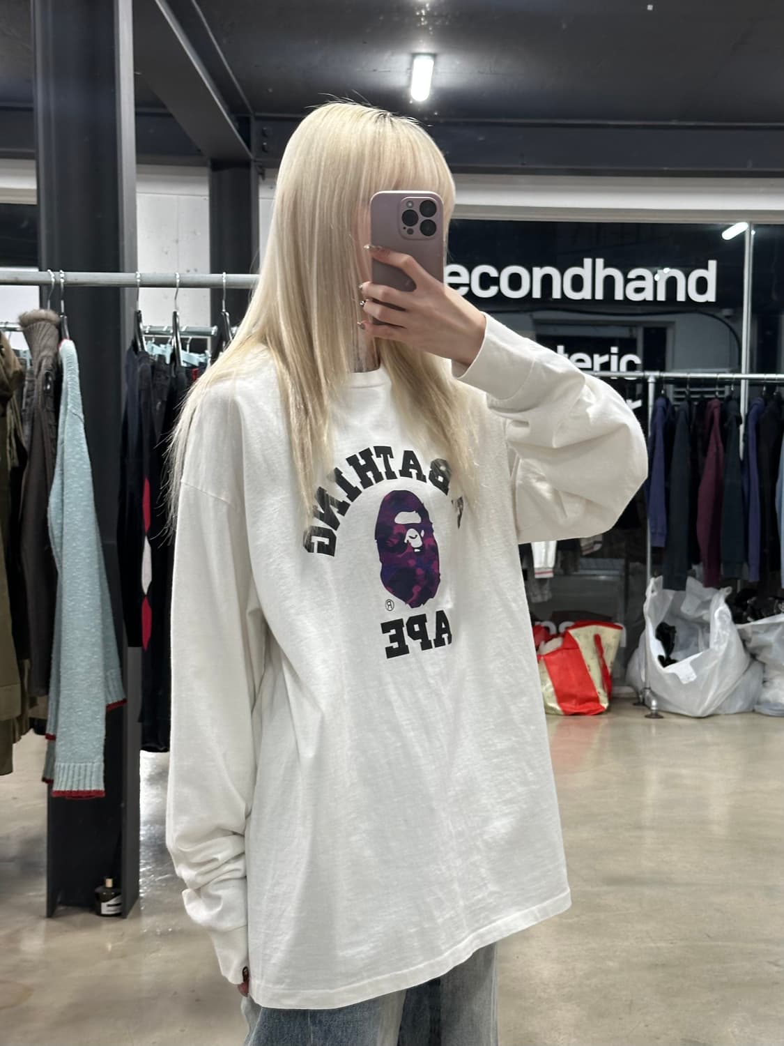 베이프 카모 컬리지 롱슬리브 티셔츠 화이트 퍼플 상품이미지3