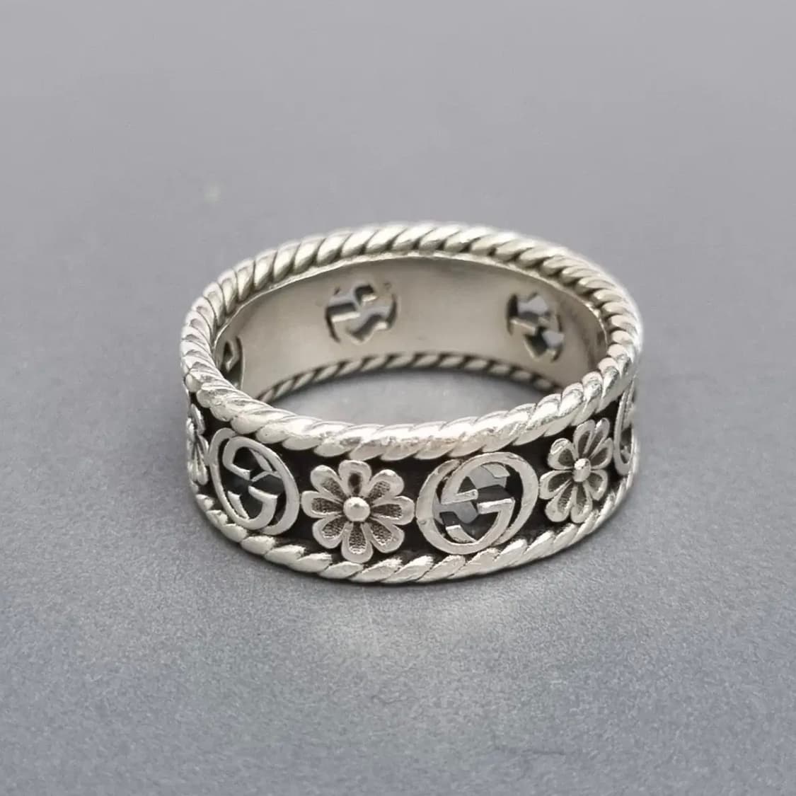 구찌 인터로킹 플라워링 18호 실버 반지 G링 에이지드 피니쉬 상품이미지4