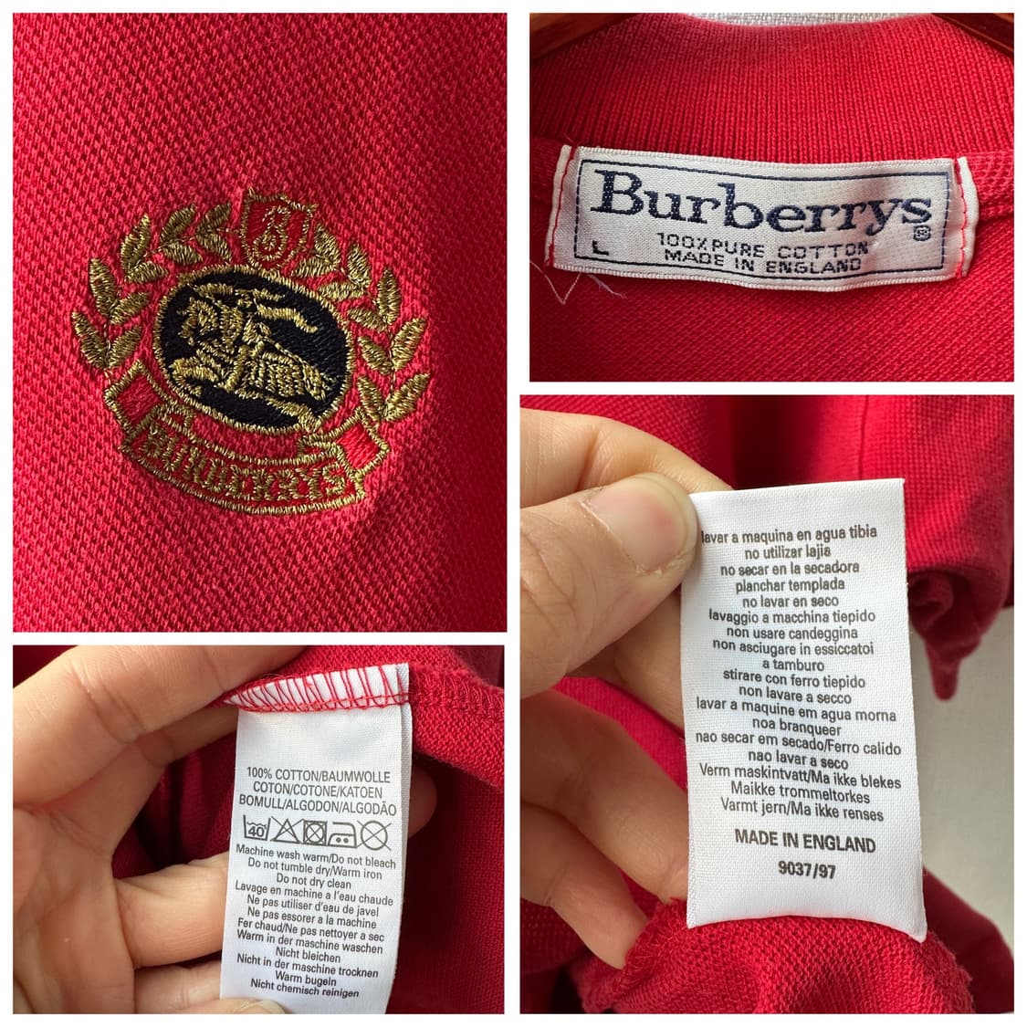 올드 버버리 골드 크레스트 자수 반팔 카라티 레드 L 상품이미지10