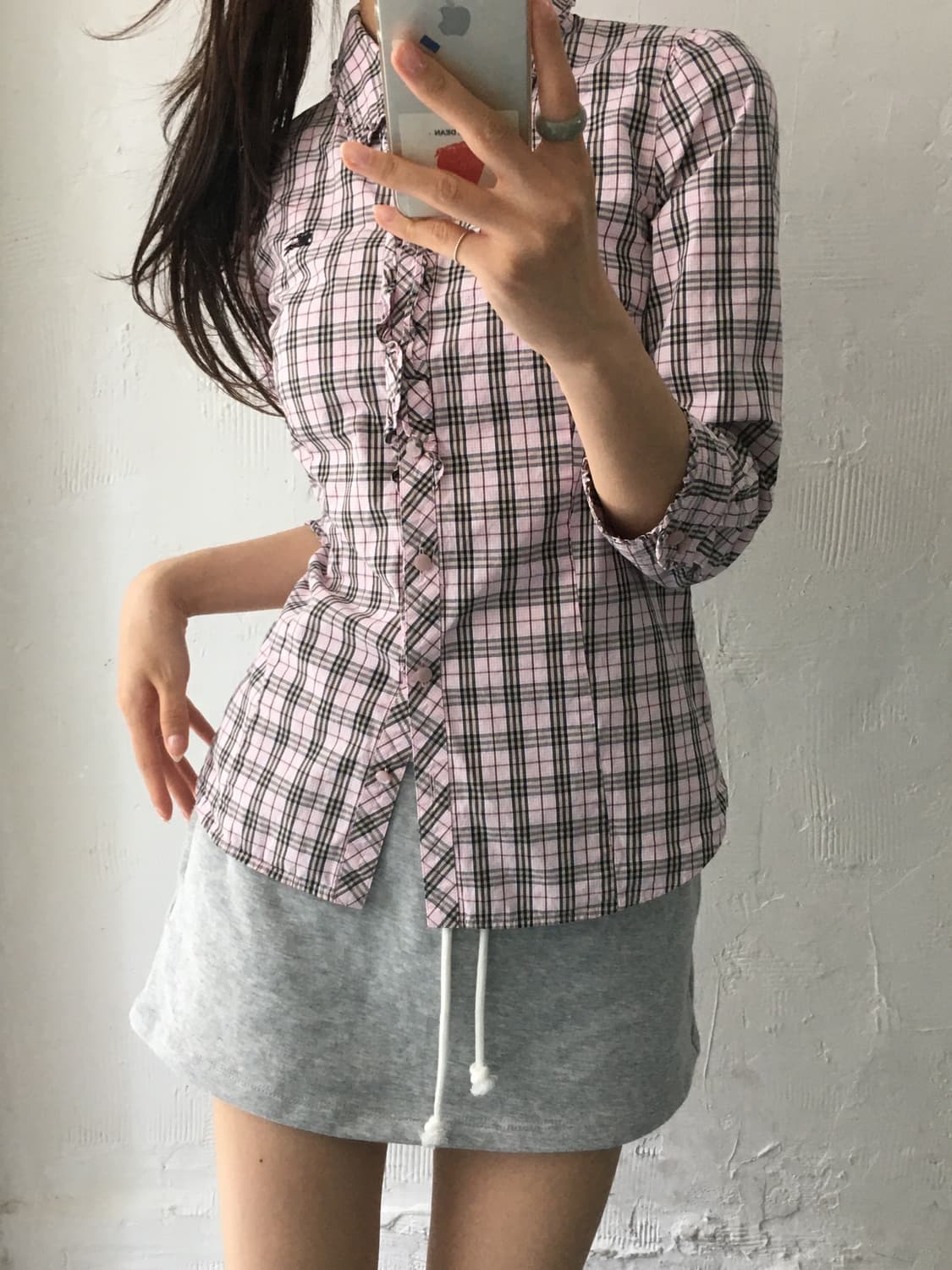 버버리 블루라벨 기마로고 핑크노바체크 프릴 7부 셔츠 블라우스 상품이미지1