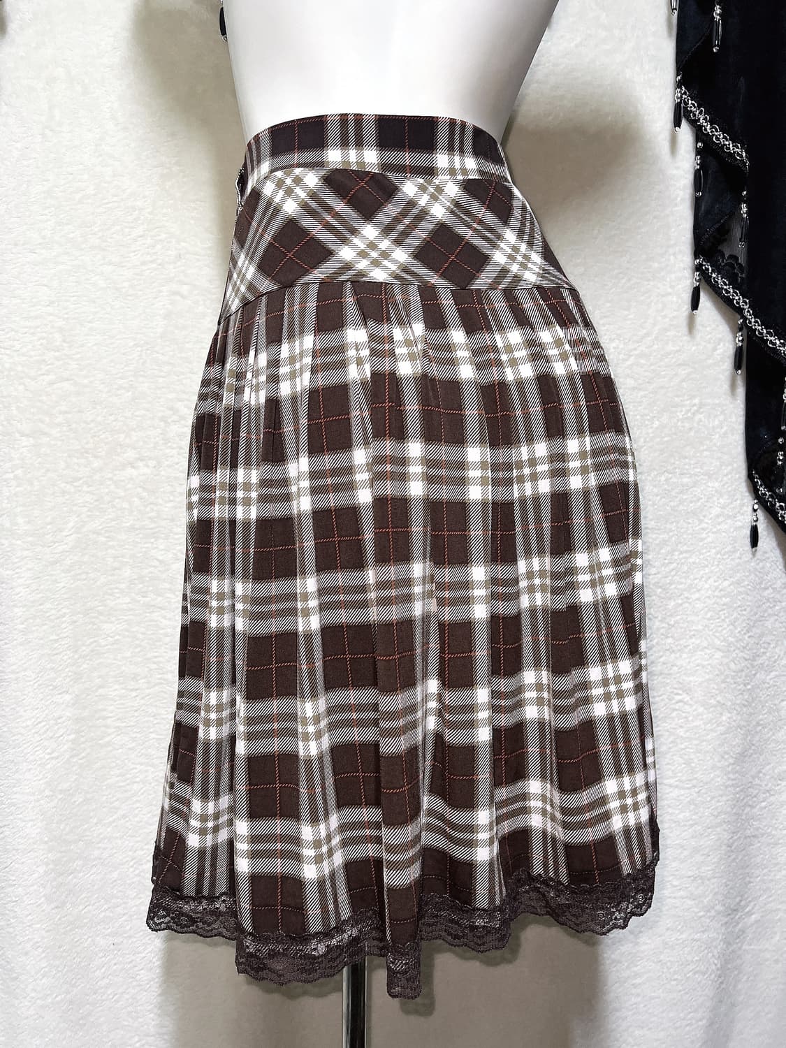 라떼갸루 엑팜깔 브라운 레이스 체크 플리츠스커트 치마 로맨틱 핀터 모리 상품이미지4