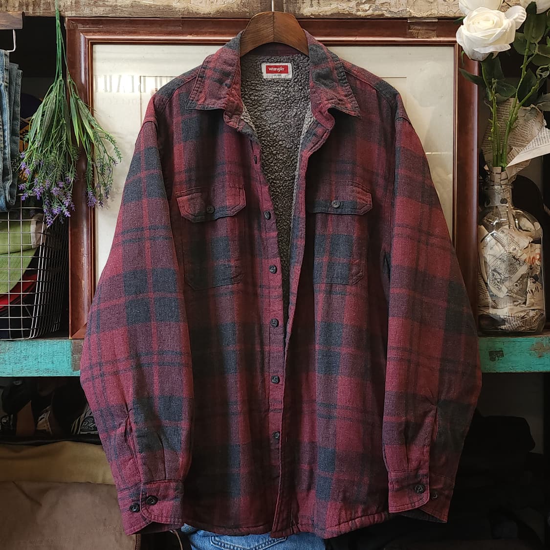 00s 랭글러 웨스턴 셔츠 쉐르파 양털 자켓 플란넬 셔츠 빈티지 레드 L 상품이미지2