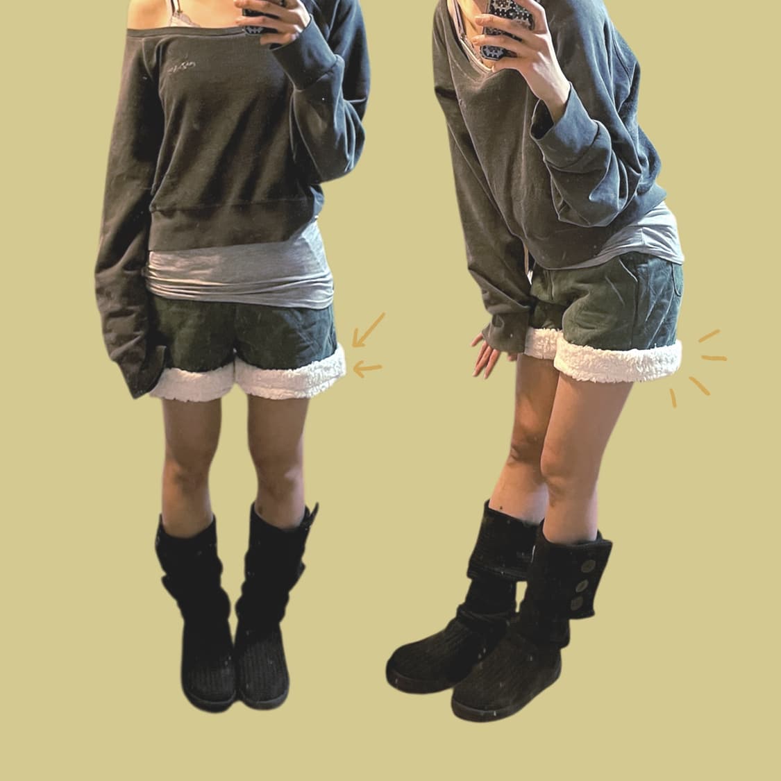 빈티지 퍼 트리밍 퀼팅 카키 하프팬츠 상품이미지3