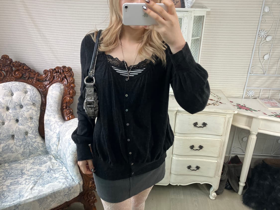 Set) 블랙 프릴 가디건 + 스트라이프 레이스 나시 상품이미지4