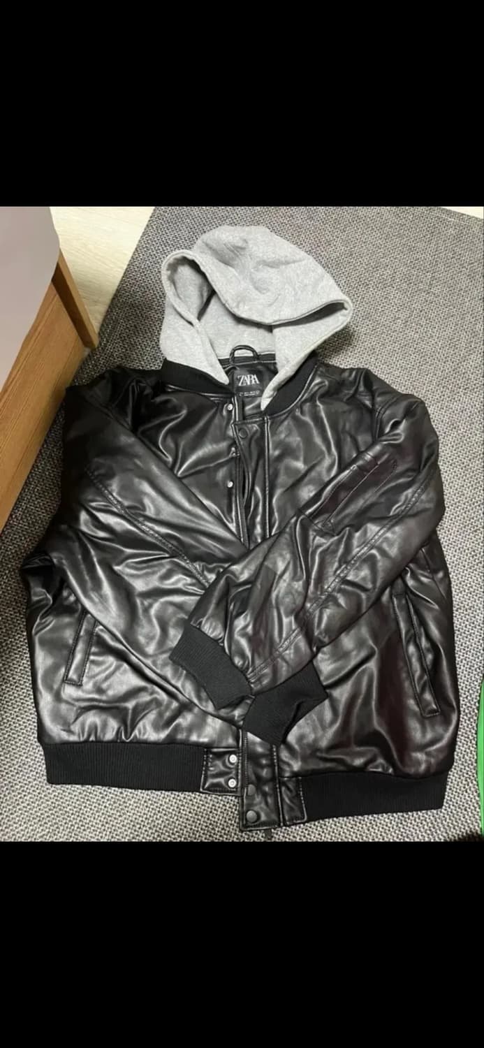 ZARA 블랙 후드 레더 자켓 L 상품이미지1