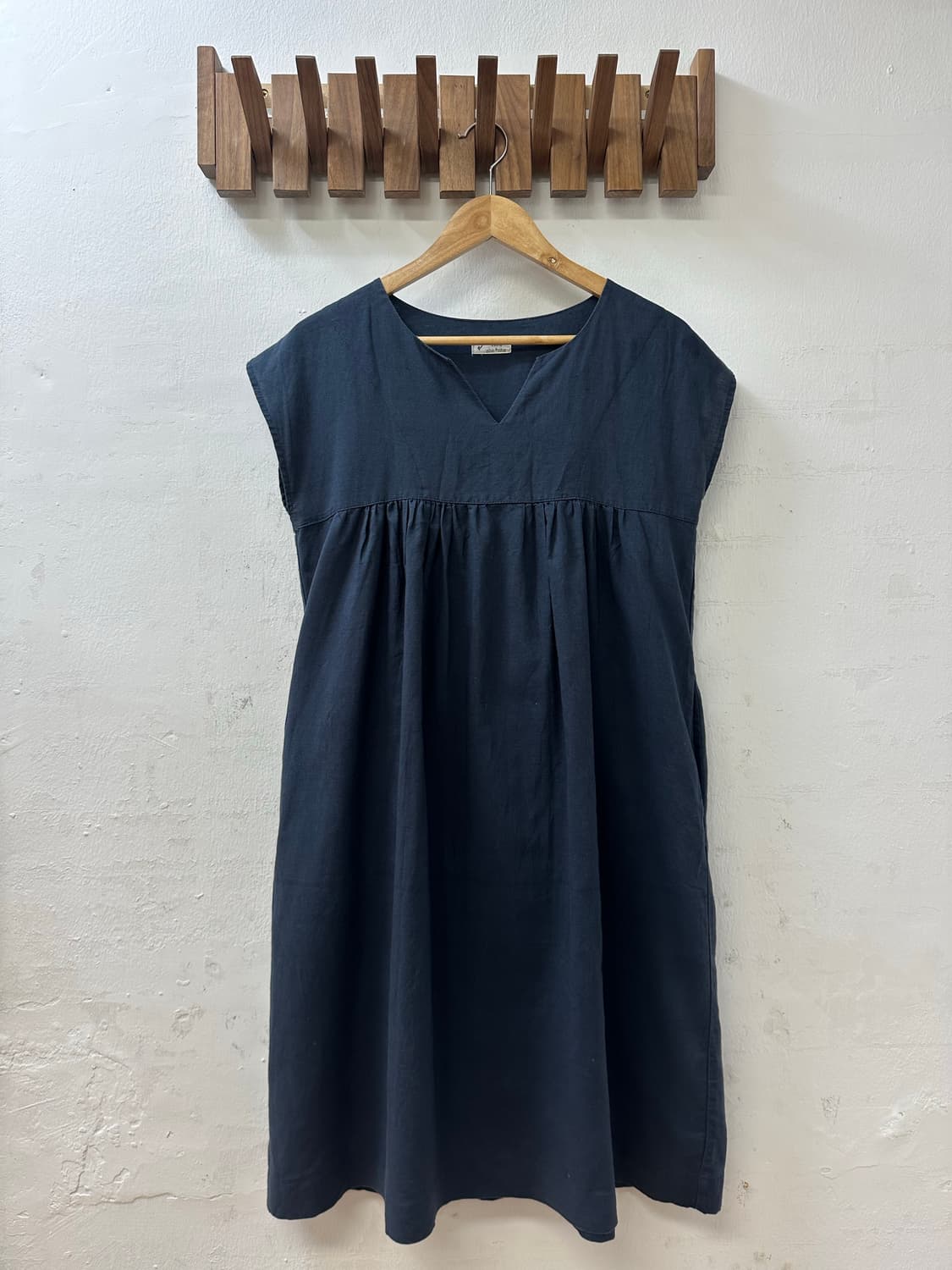 일본빈티지 네이비 린넨 코튼 포켓 디테일 플레어 레이어드 원피스 상품이미지1