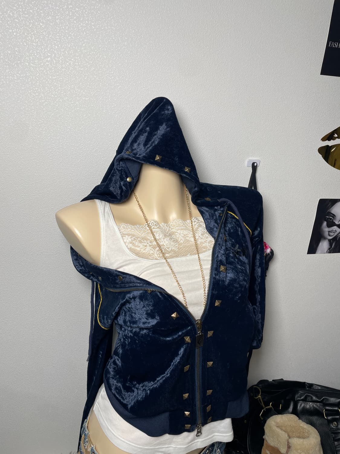 빈티지 PONY 스터드 네이비 벨벳 후드집업 상품이미지7