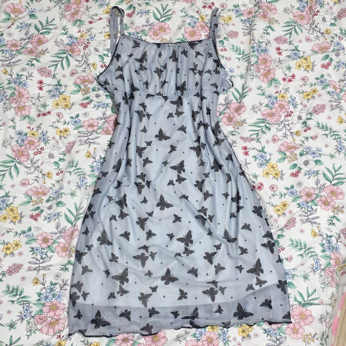 빈티지)블루x블랙 버터플라이 백예린깔 y2k오네갸루 딱붙메쉬여름원피스 상품이미지1