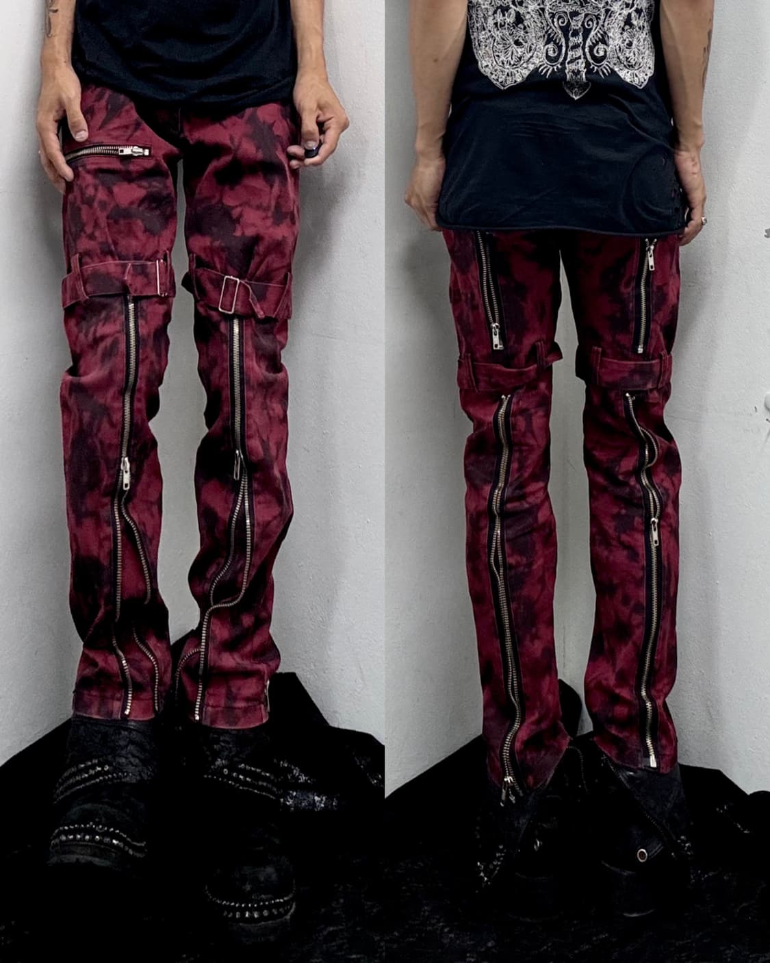 Punk Red Bleach Washing Zipper Detail Bo 상품이미지8