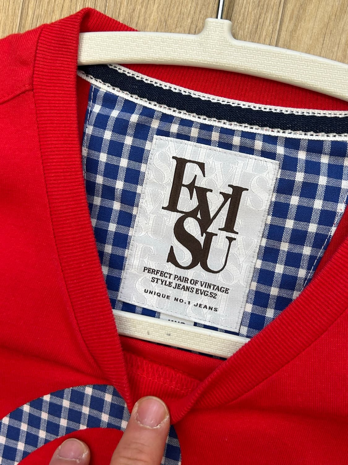 EVISU 에비수 체크 로고 레드 반팔 티셔츠 여성 S 상품이미지5