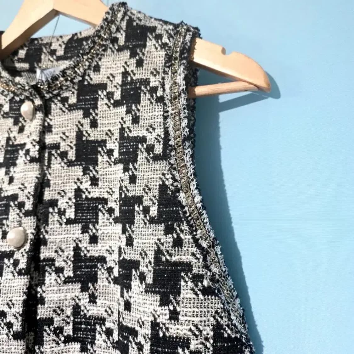 [새상품] ZARA 진주 버튼 하운드투스 체크 트위드 원피스 55 상품이미지4