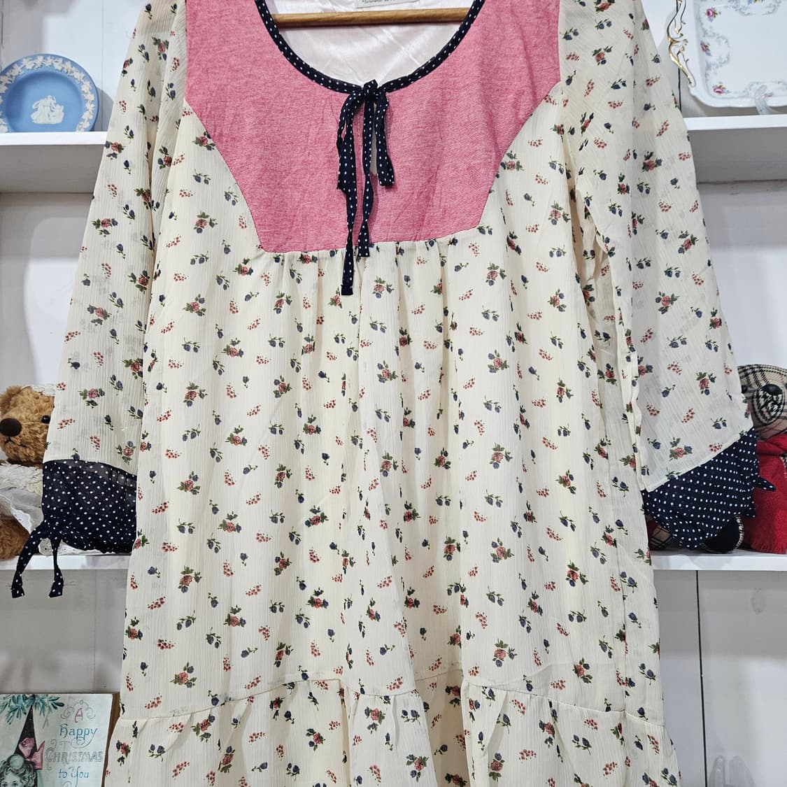 플라워 배색 리본 원피스 상품이미지2