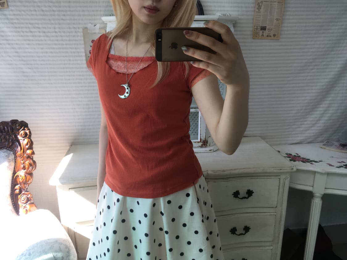 일본빈티지 오렌지 코랄 도트 레이스 반팔 상품이미지1