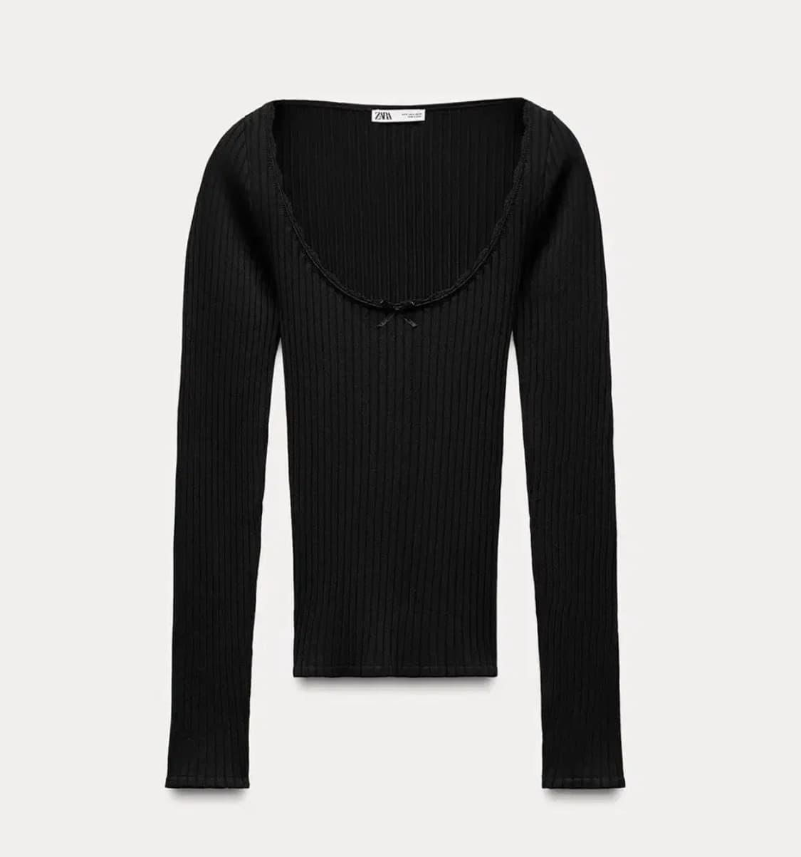 ZARA 자라 레이스 리본 심리스 티셔츠, 자라 레이스 티셔츠 블랙 상품이미지6