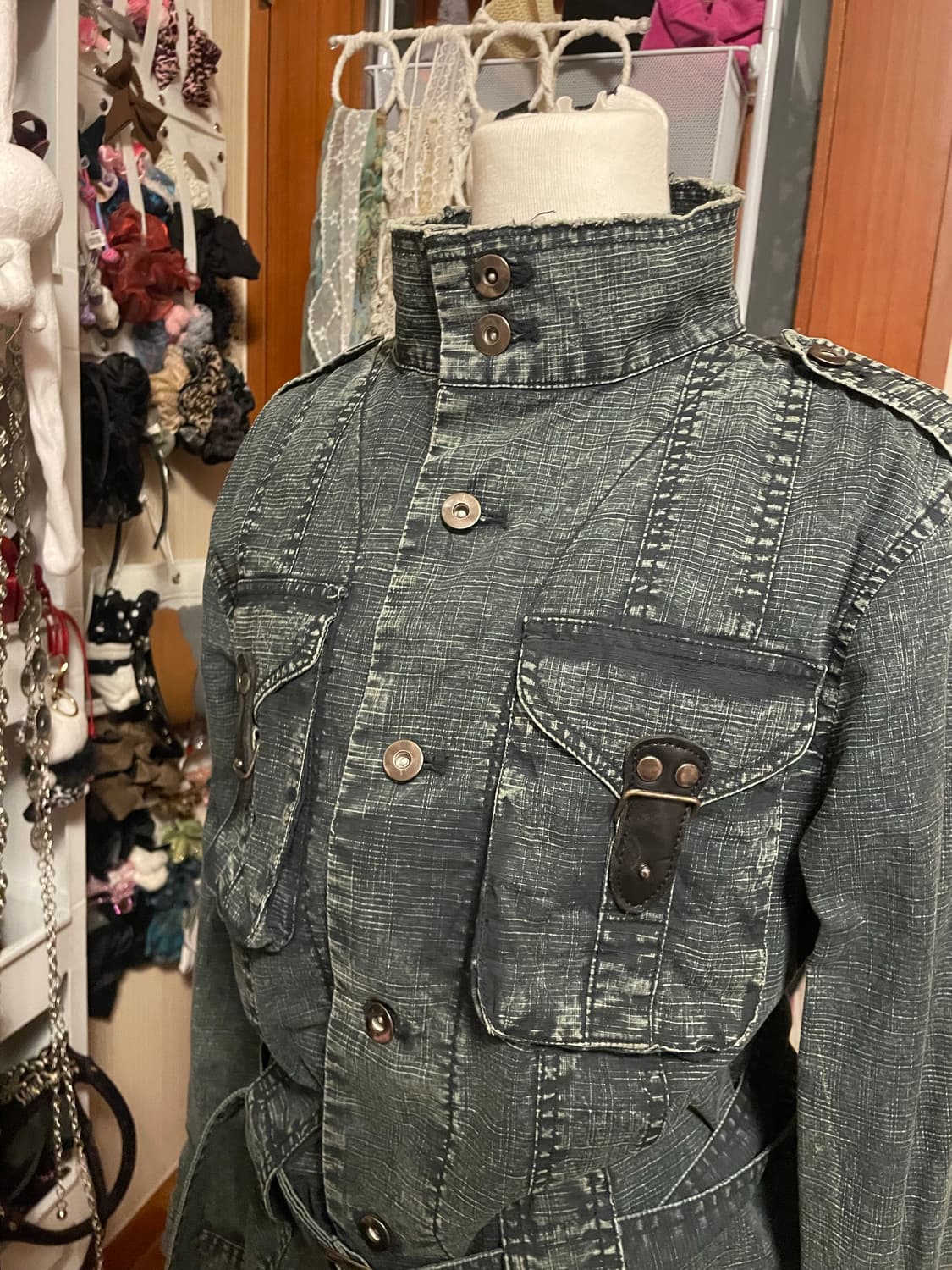 워싱 하이넥 벨트 데님 셔츠 자켓 상품이미지2