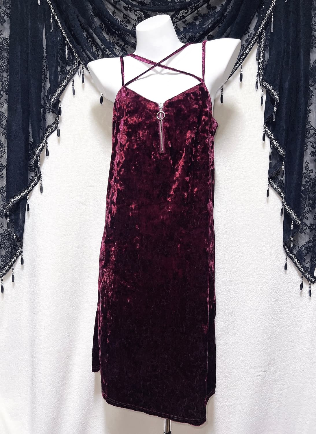 로맨틱고딕 고스펑크 벨벳 버건디 롱원피스 홀터넥 드레스 슬립 연말 섹시 상품이미지6