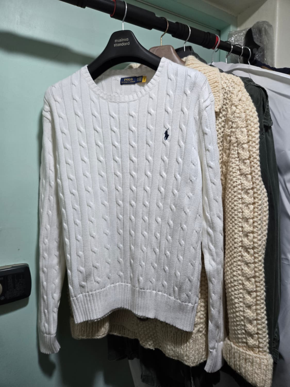 QR 폴로 케이블 니트 스웨터 XXL 화이트 꽈배기 105  110 상품이미지1