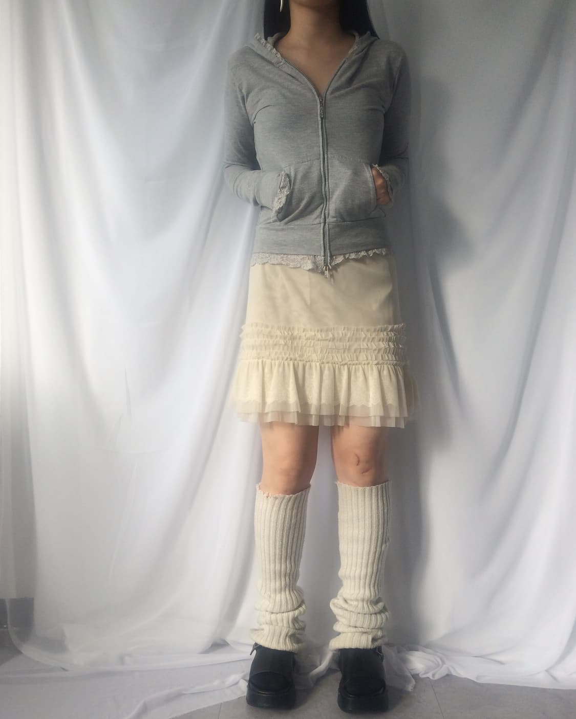 Lace trimming hood zip up 상품이미지1