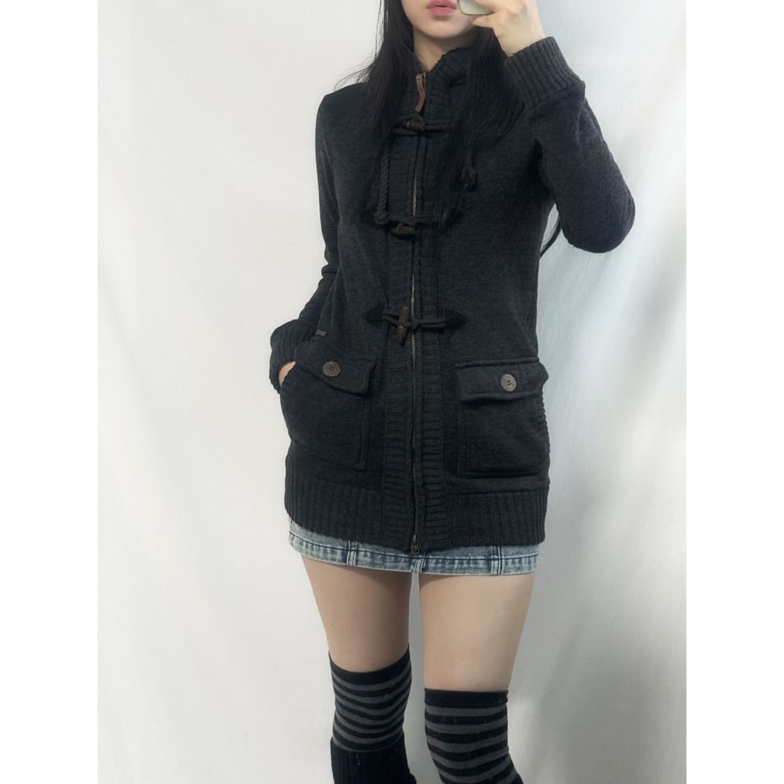 토글 버튼 니트 후디드 집업 상품이미지1