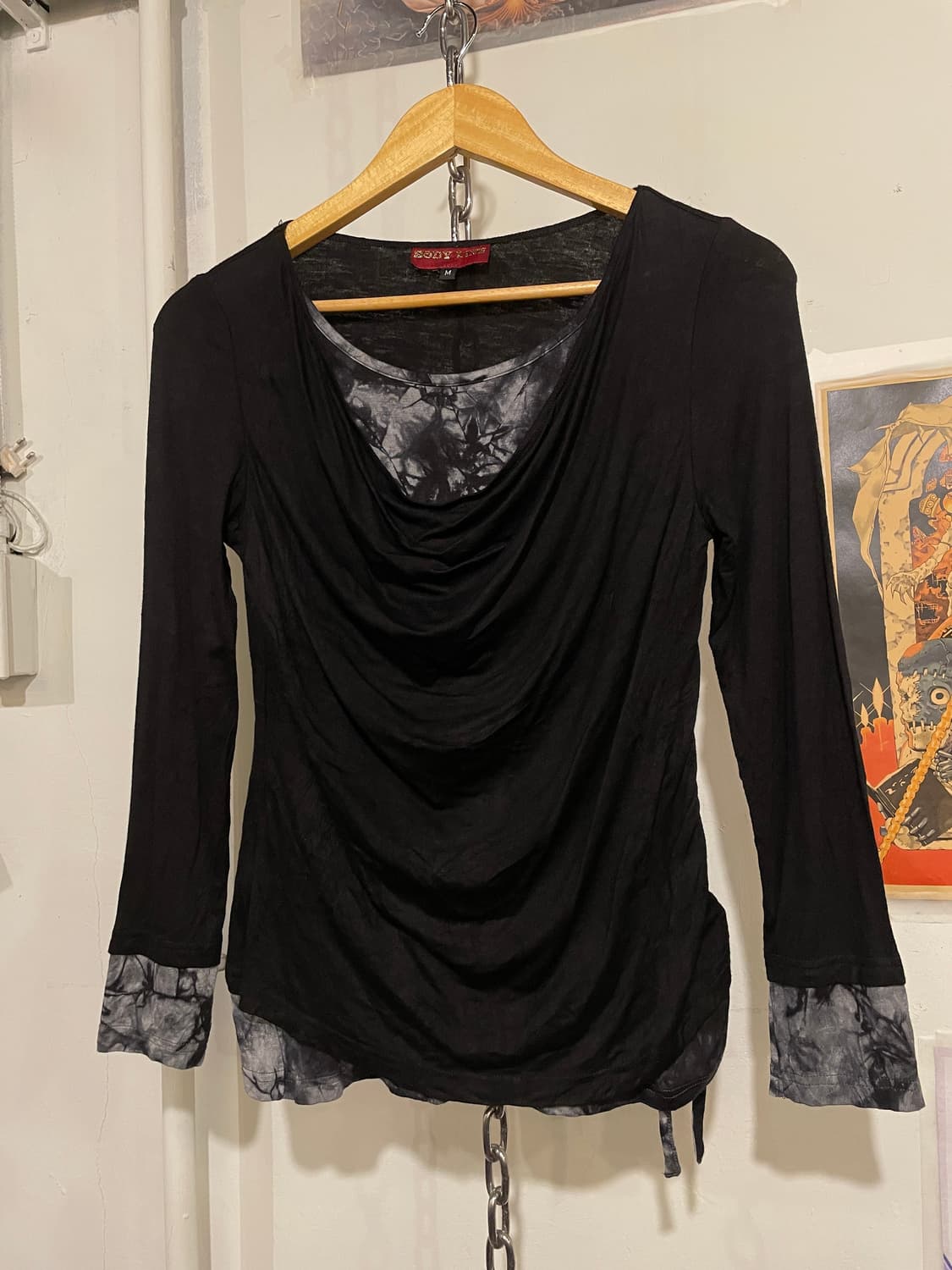 body line 바디라인 나염 레이어드 셔링 리본 블랙 롱슬리브 펑크 상품이미지2