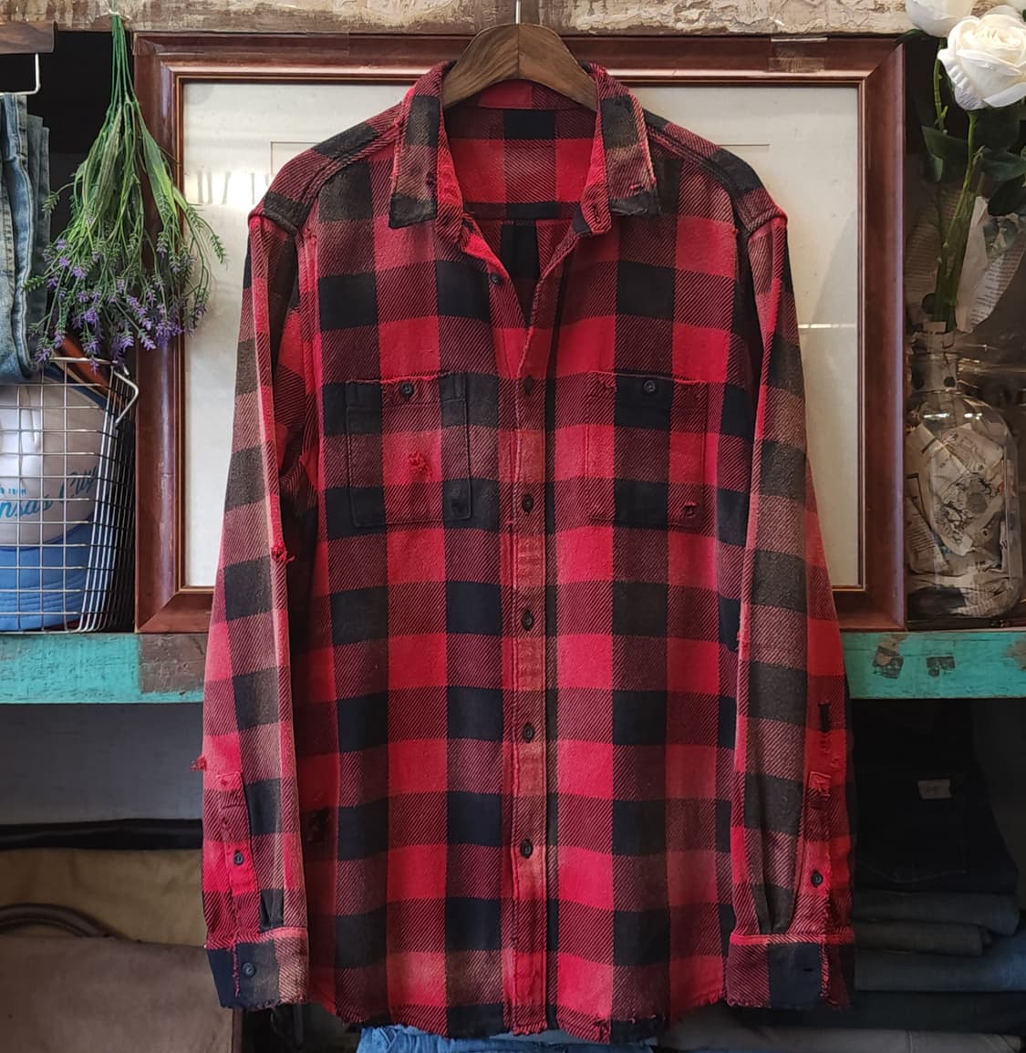 90s 빈티지 체크셔츠 헤비 플란넬 워크셔츠 썬페이딩 레드 윈도우 L 상품이미지1