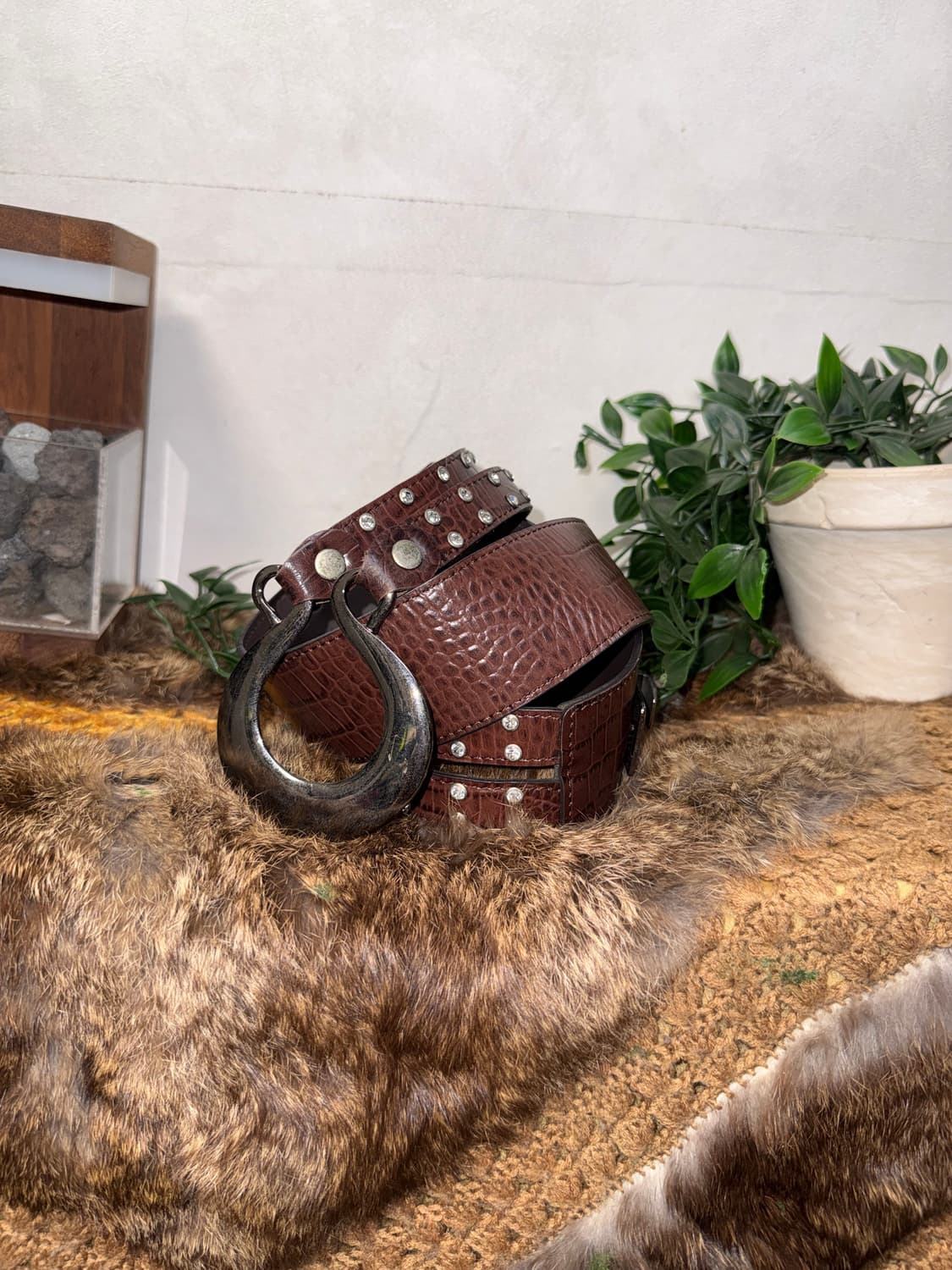 Brown double strap cubic hook belt  상품이미지1