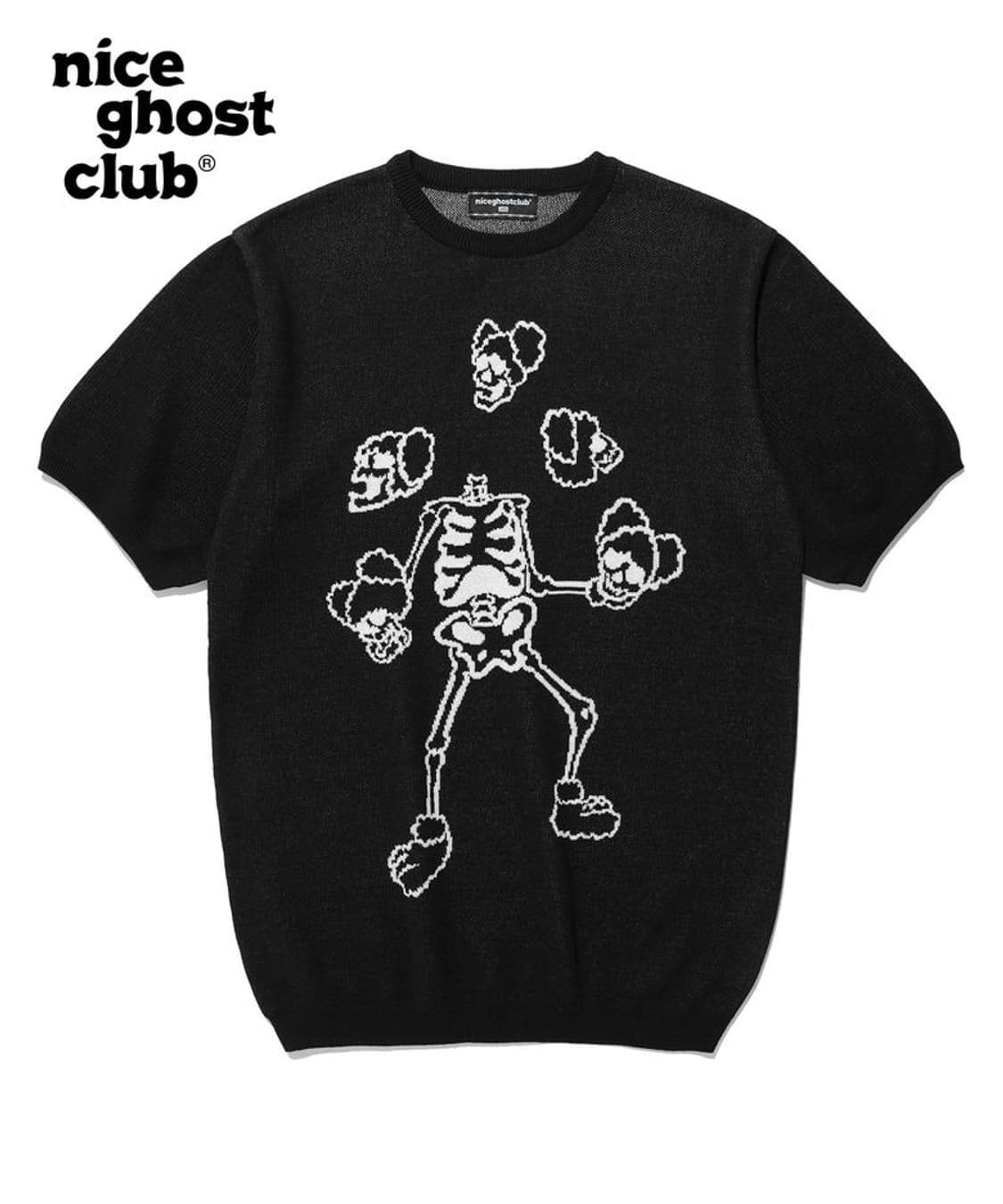 나이트고스트클럽)블랙스켈레톤 빈티지 오네갸루고스펑크메탈스컬 썸머반팔니트 상품이미지1