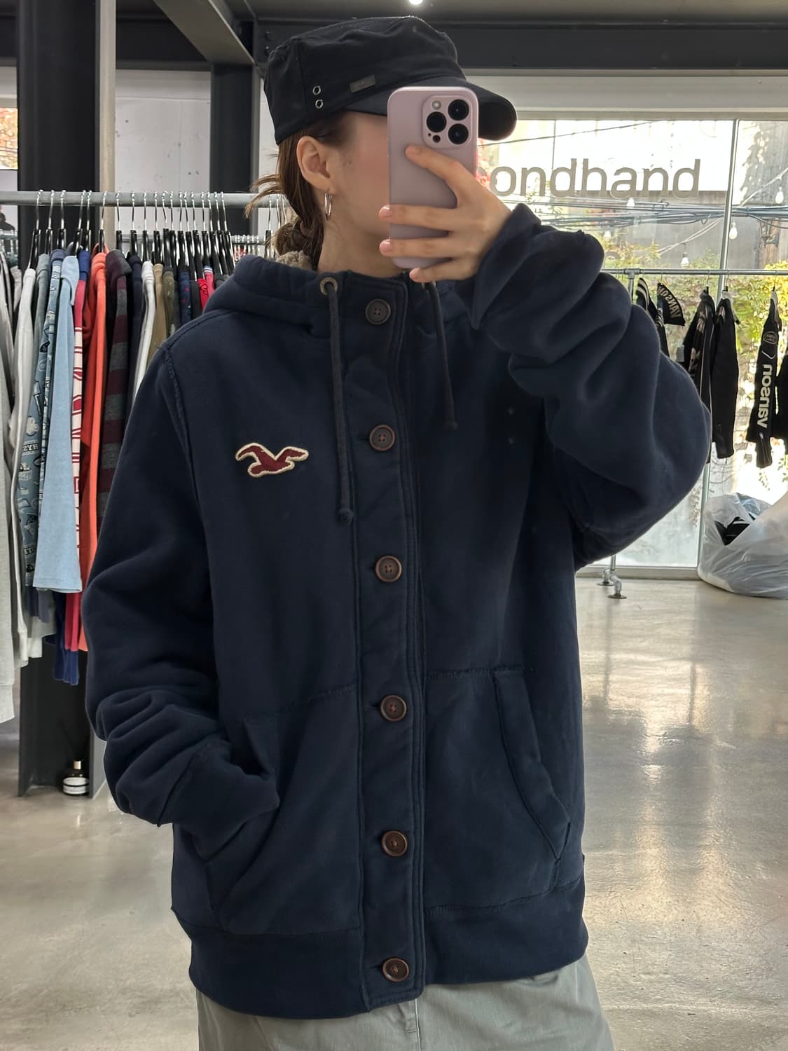 홀리스터 양털 버튼 후드점퍼 네이비 상품이미지4