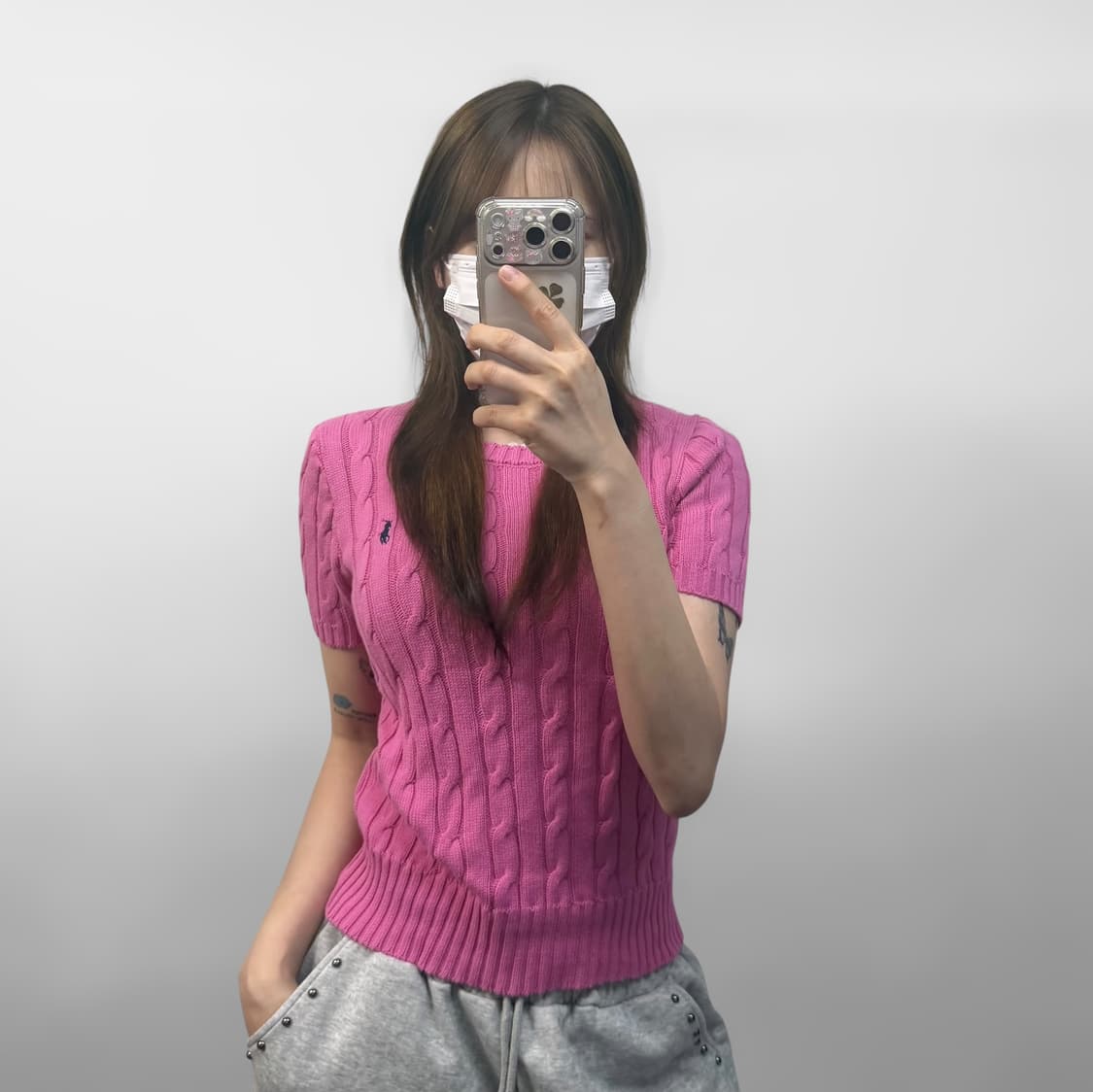 폴로 랄프로렌 포니 로고 케이블 니트 반팔 핑크 상품이미지1