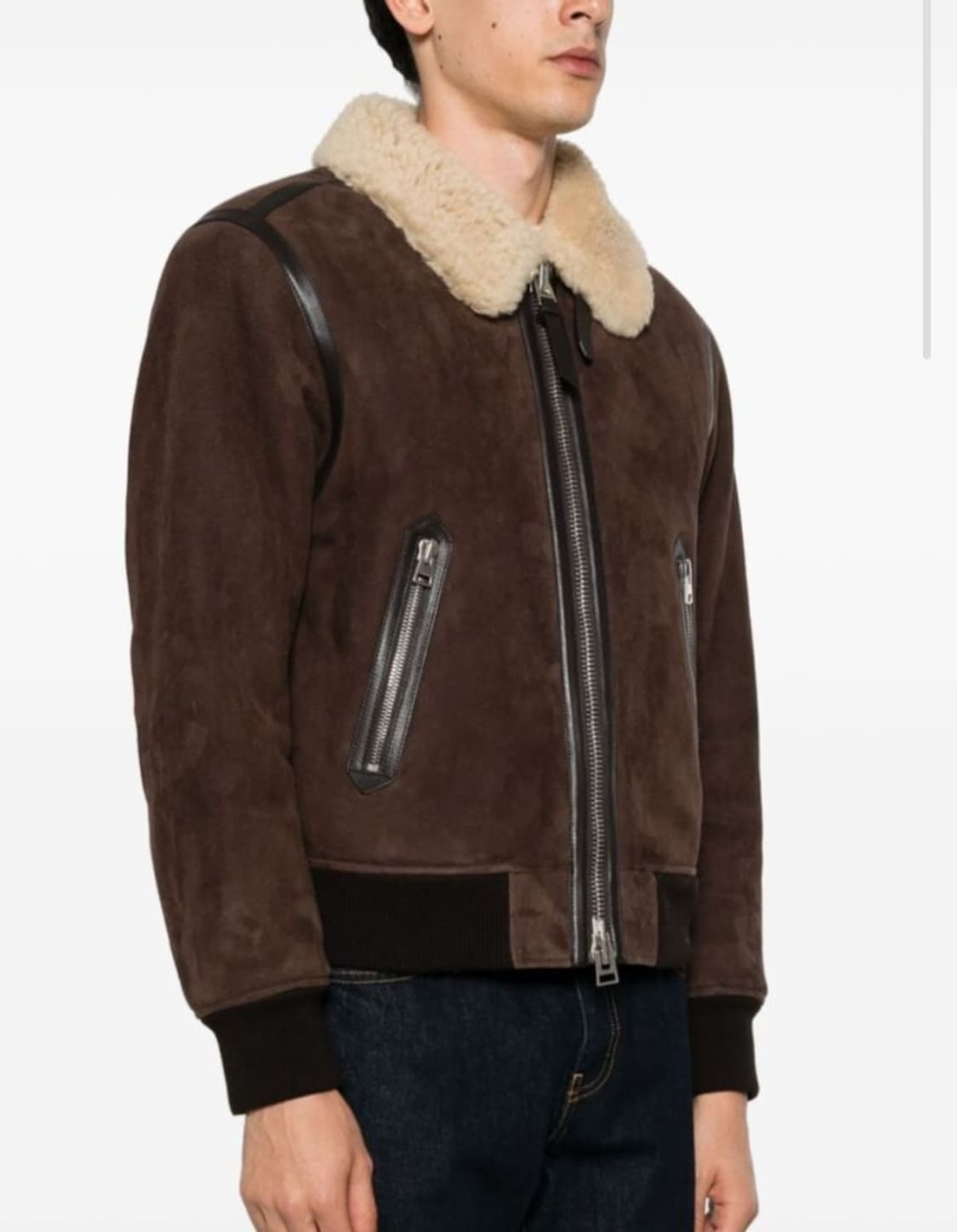 톰포드 시어링 브라운 레더 트리밍 무스탕 자켓 상품이미지1