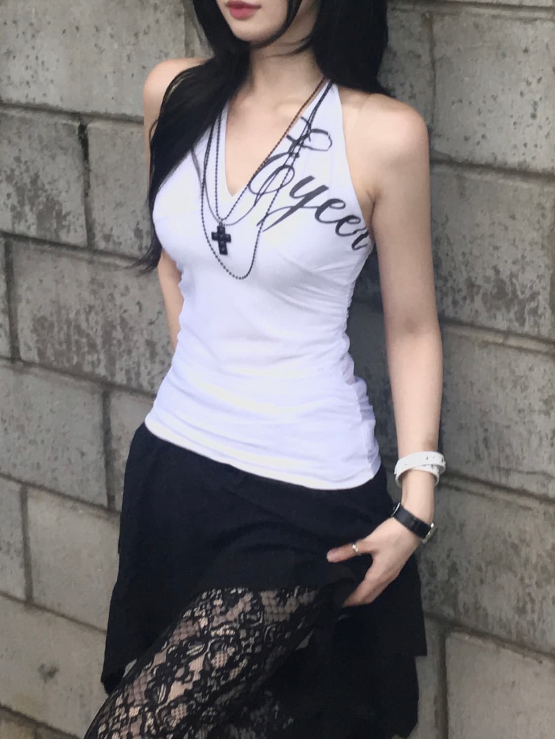 EYEER Script Logo Halter Neck Top- White 상품이미지4