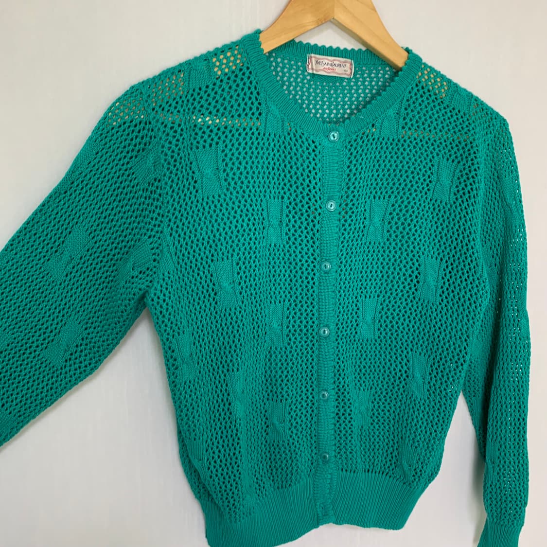 생로랑 입생로랑 빈티지 시스루 그물 니트 크롭 민트 가디건 상품이미지3