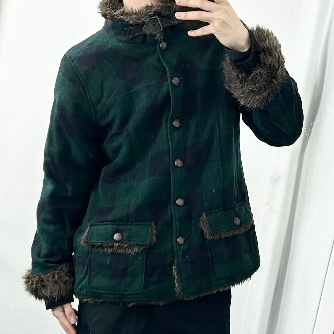 Imana 체크 퍼 자켓 상품이미지1