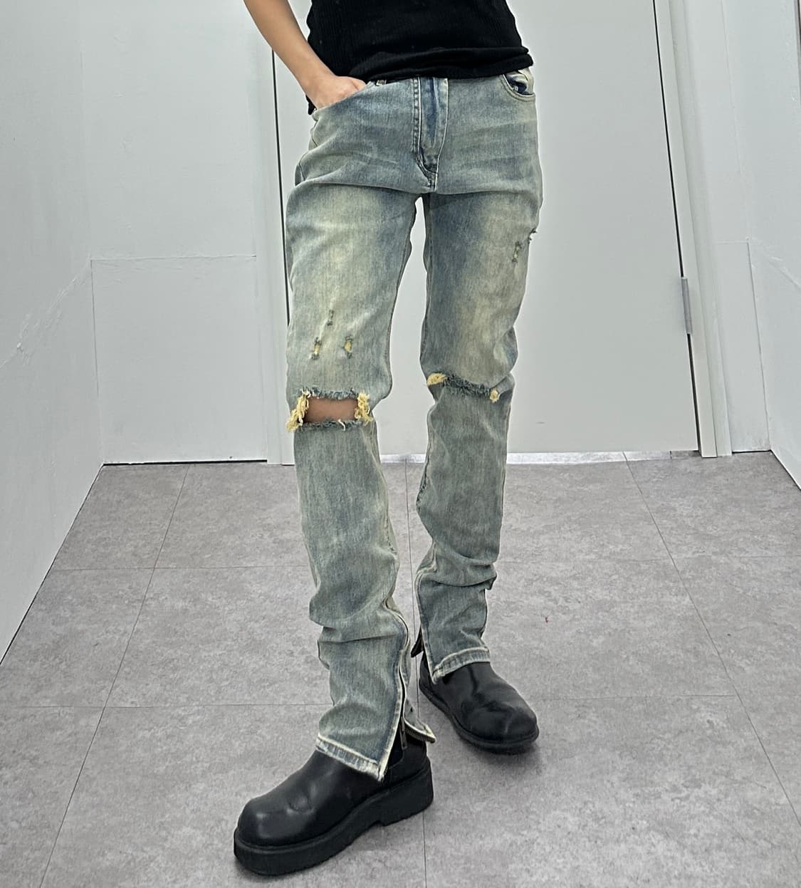 Vintage yellow washing destroyed jeans 상품이미지6
