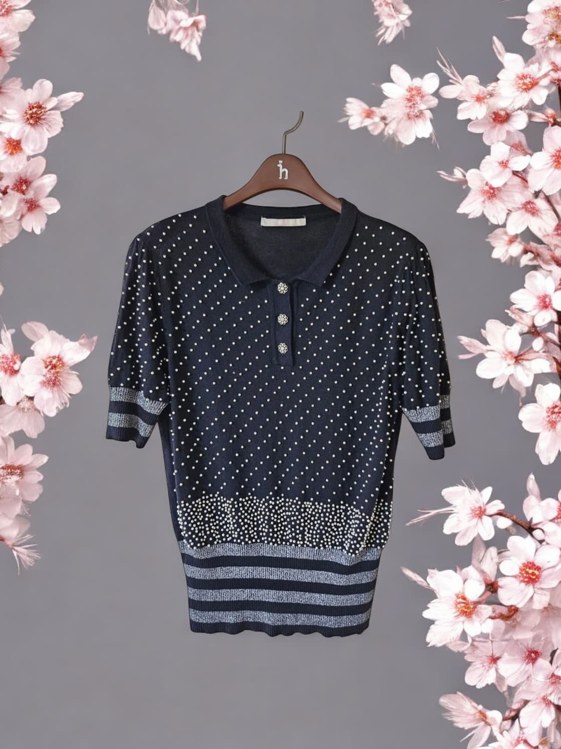 블랙 진주 장식 반팔 여성 니트 55 상품이미지1