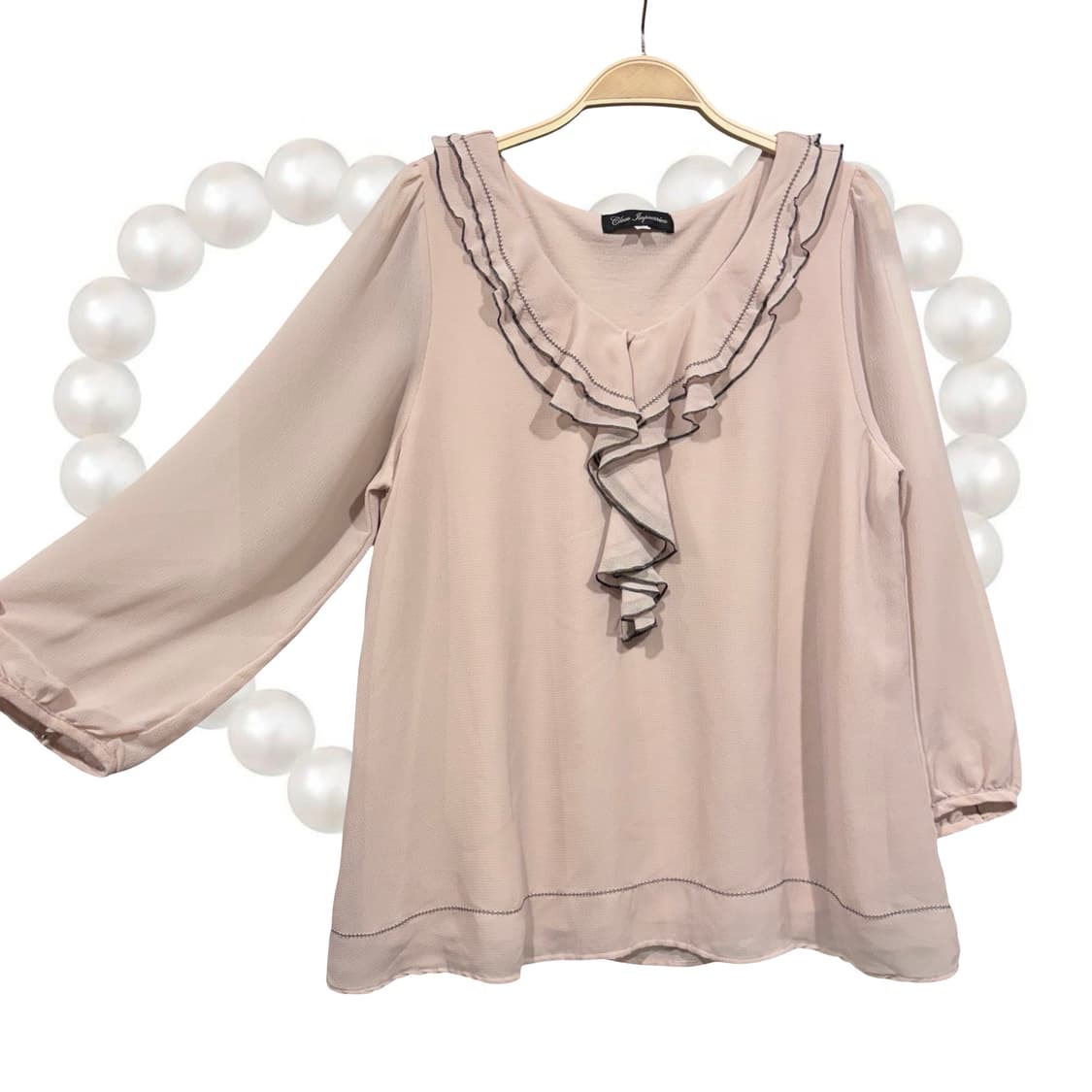 일본 빈티지 핑크 베이지 프릴 러플 블라우스 상품이미지2