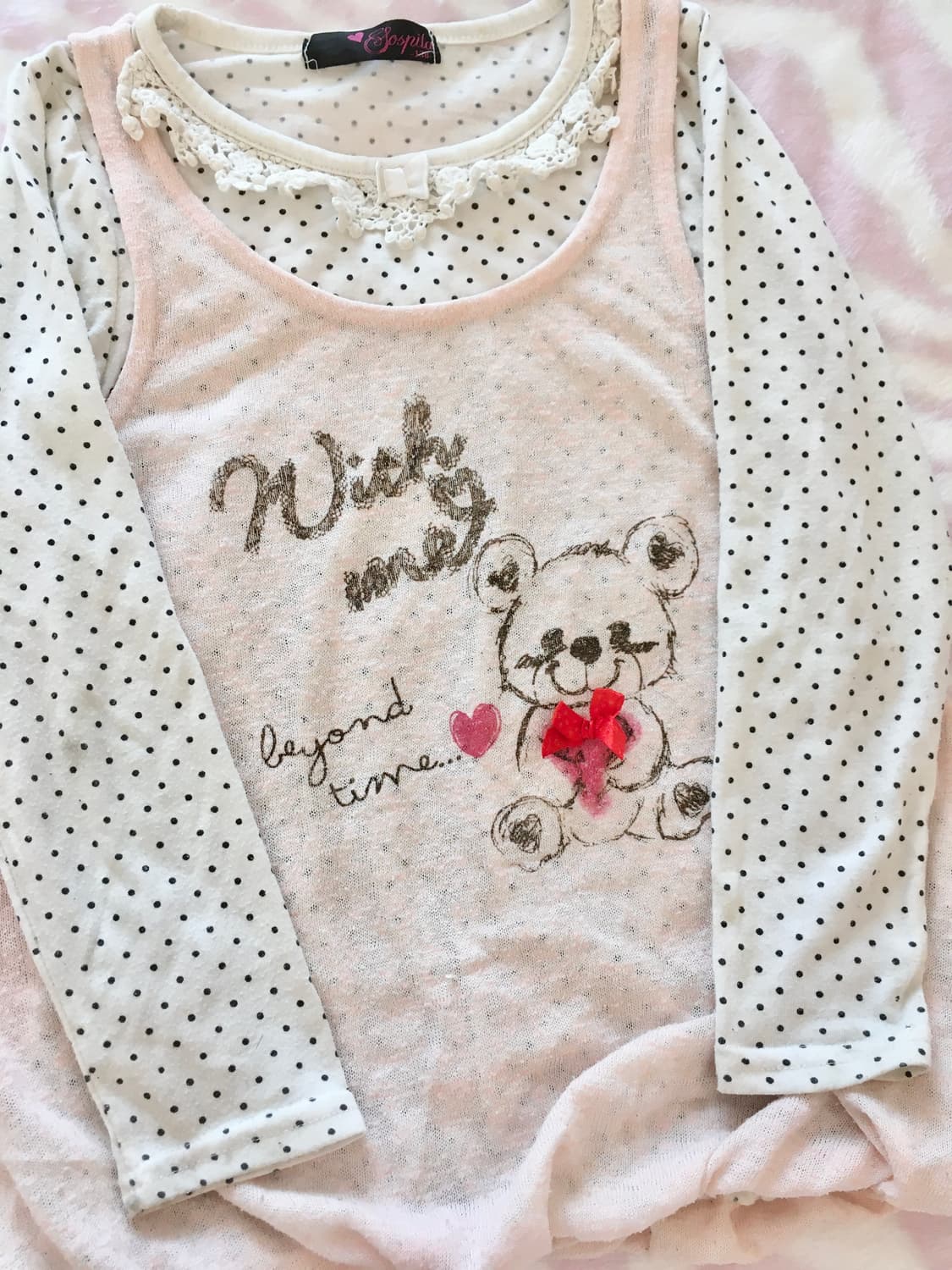 코지 베어 레터링 레이어드 도트 탑 라떼갸루 히메갸루 모리걸 로리타 상품이미지7