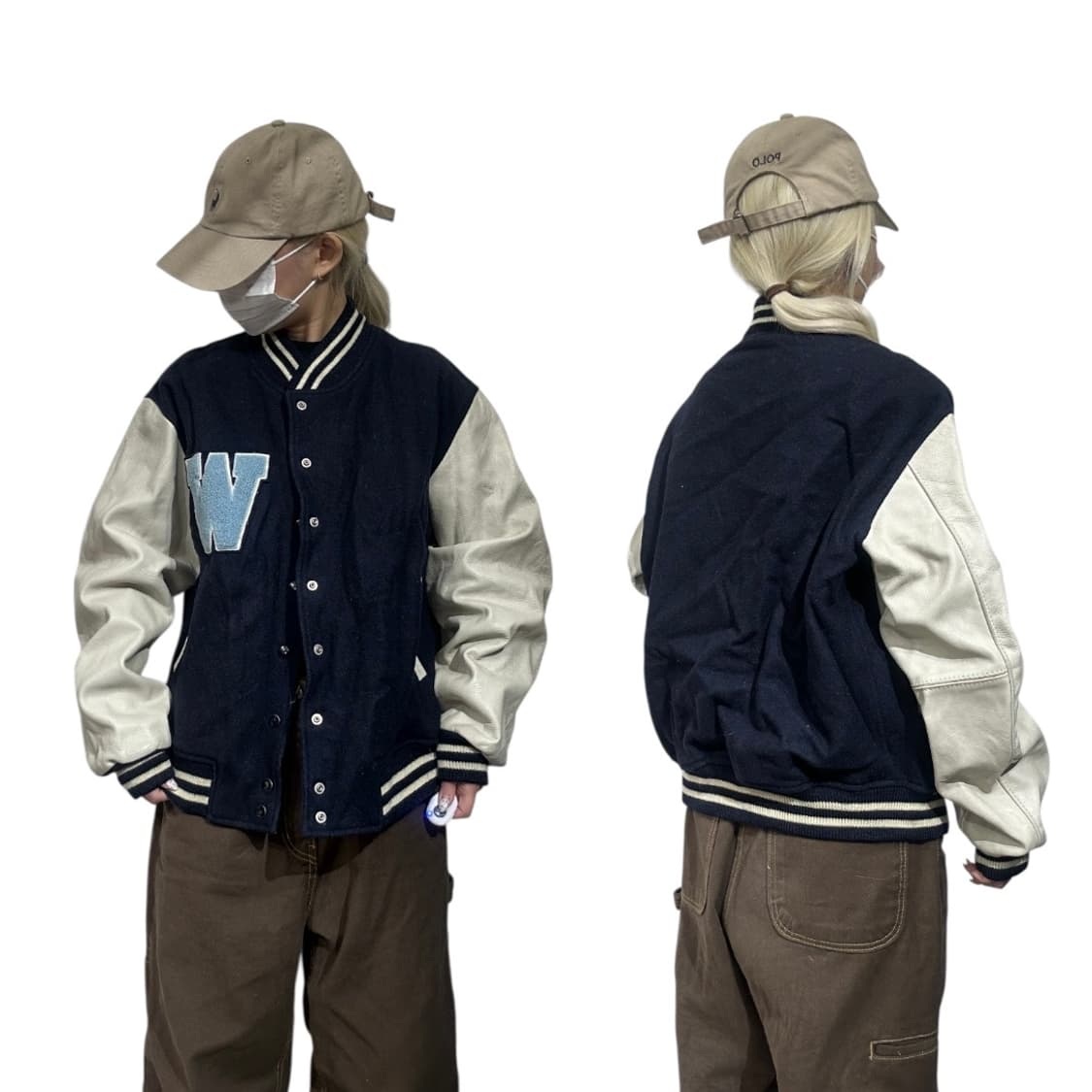 일본 빈티지 네이비 레더 울 모직 바시티 자켓 L 상품이미지1